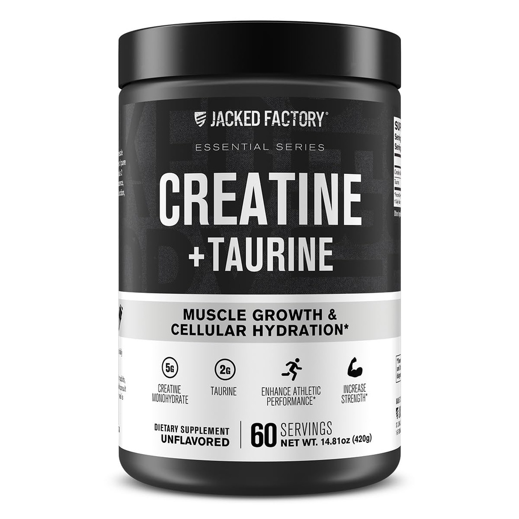 Jacked Factory Creatine + Taurin - Kreatinmonohydrat 5000mg med Taurin 2000mg för ökad muskelstyrka och cellulär hydration - 60 portioner, osmakad