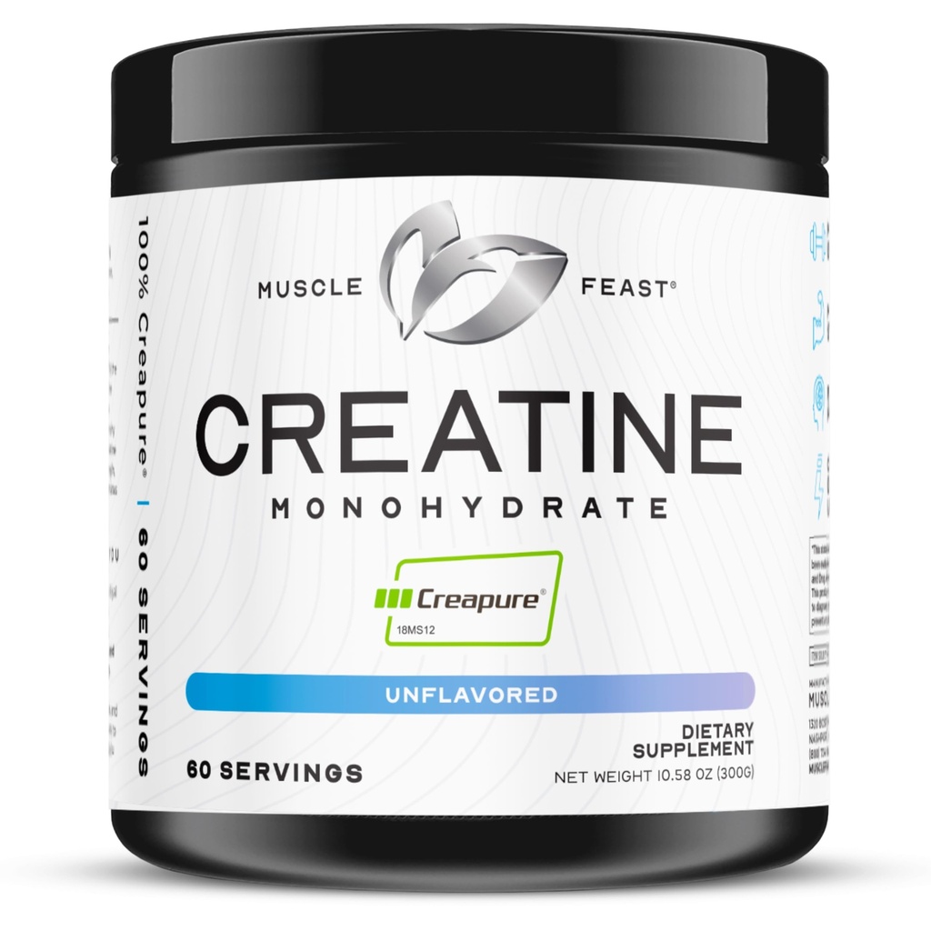 Muscle Feast Creapure Creatine Monohydrate Powder, Vegan Keto Friendly Gluten-Free, Mass Gainer, Muscle Recovery Supplement och Trusted Creatine för muskeltillväxt, Kreatinpulver, Osmakad, 300g