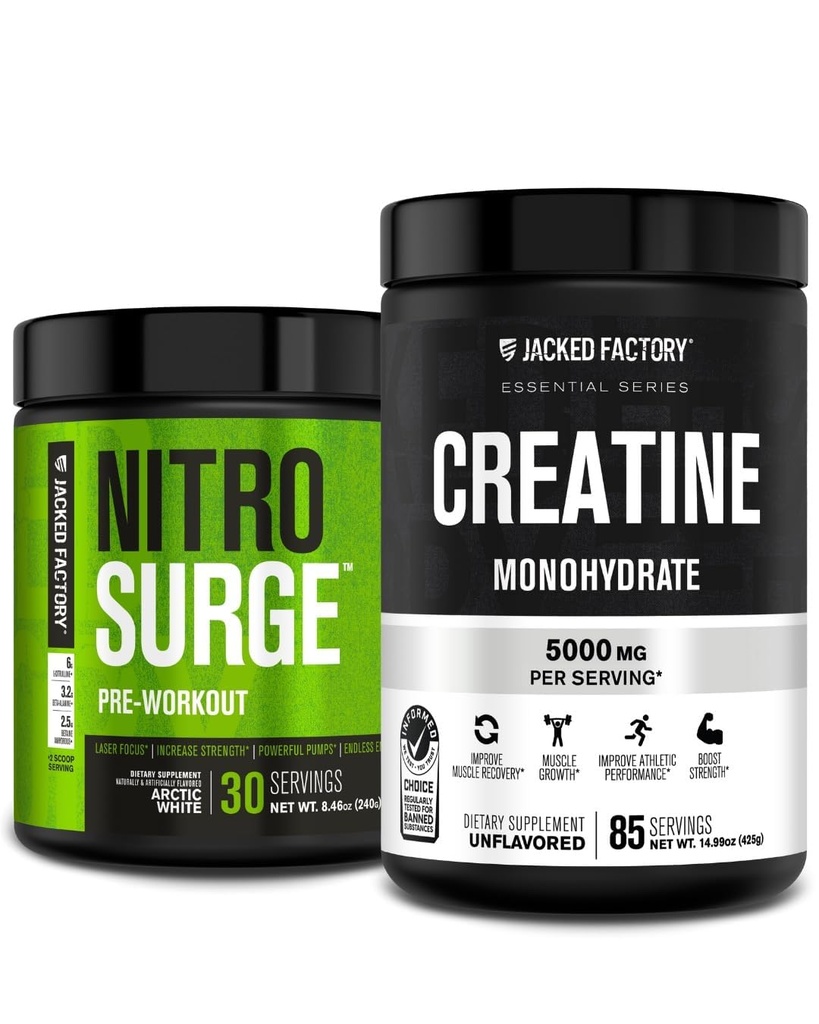 Jacked Factory Nitrosurge Pre-Workout & Creatine Monohydrate - Pre Workout Powder with Creatine for Muscle Growth, Increased Strength, Endless Energy - Arctic White Preworkout & Unflavored Creatine