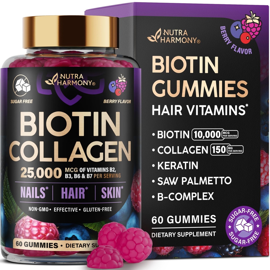 Biotin Gummies with Collagen - Hair Growth Support Skin, & Nail Strength - for Women & Men - Biotin 10000mcg | Keratin | Hyaluronic Acid | B-Complex | Saw Palmetto - Sugar-Free, Mixed Berry - 60 Gummy