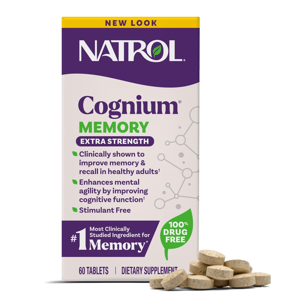 Natrol Cognium Memory Extra Strength, Brain Health Supplements for Adults, Brain Memory Supplements, Enhances Mental Agility in Healthy Adults, 60 Tablets, Up to a 30 Day Supply