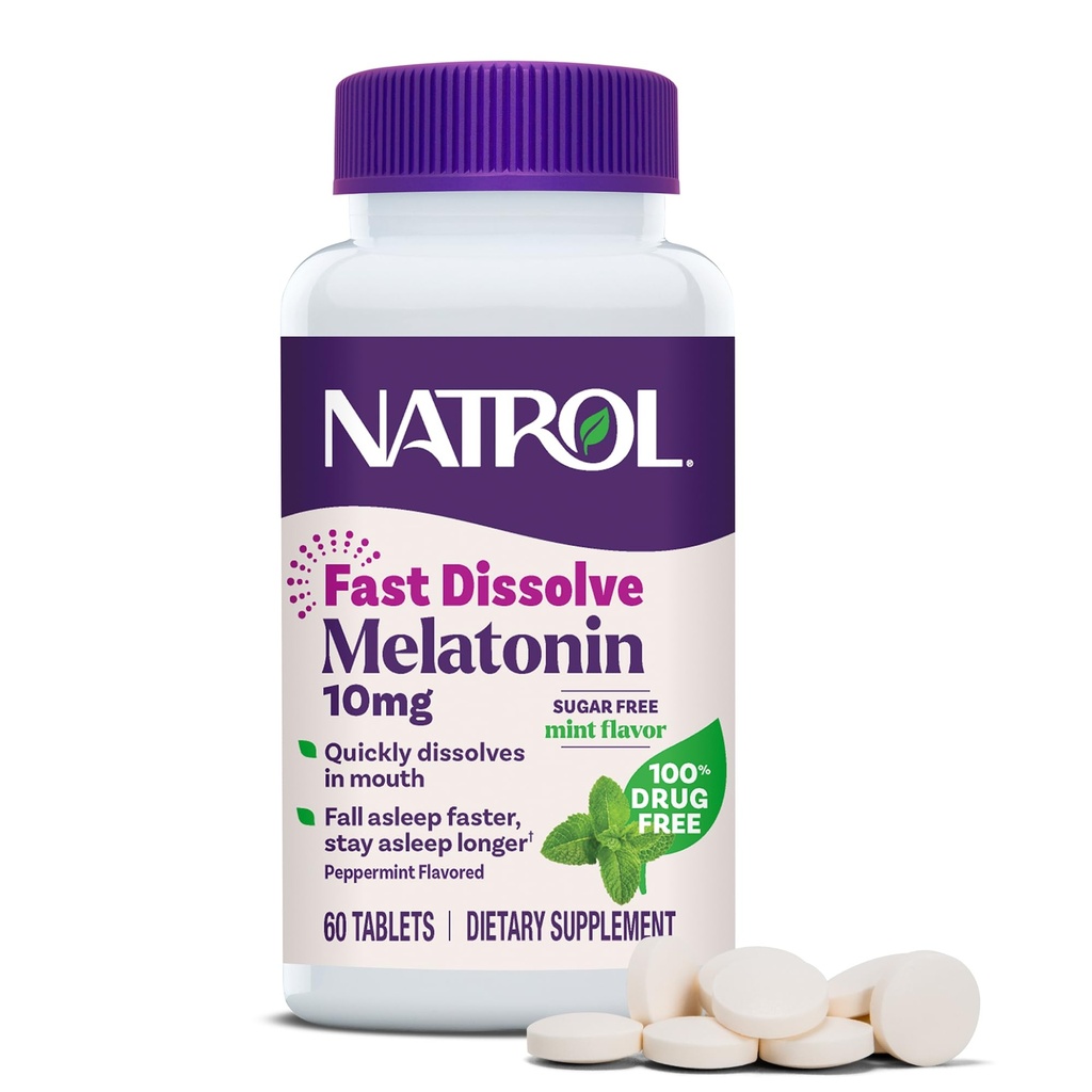 Natrol Melatonin 10mg Snabbupplösta tabletter - Peppermint smak, 60 greve, sömnstöd, snabbupplöst melatonin för vuxna, 60-dagars leverans