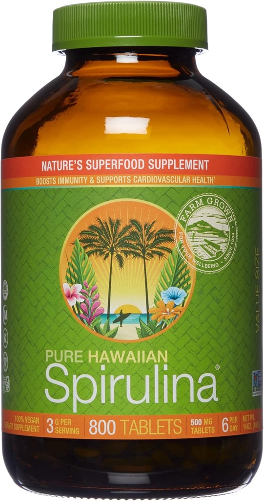 Nutrex Hawaii, Pure Hawaiian Spirulina 500 mg, Vegan, stöder immunsystem, hjärta, celler och energi, 800 tabletter