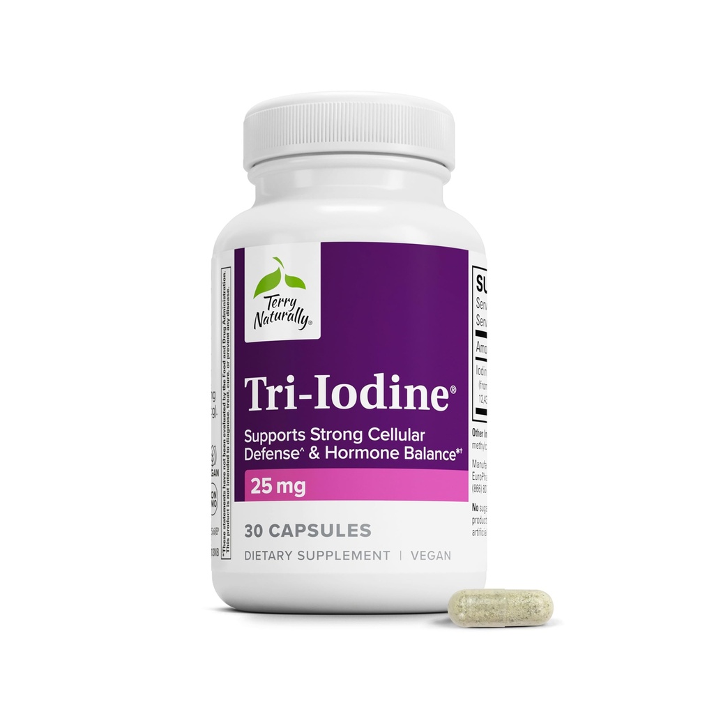 Terry Naturally Tri-Iodine - Kosttillskott för bröst- och prostatahälsostöd - Hälsosam sköldkörtelfunktionsbistånd - 25 mg, 30 kapslar