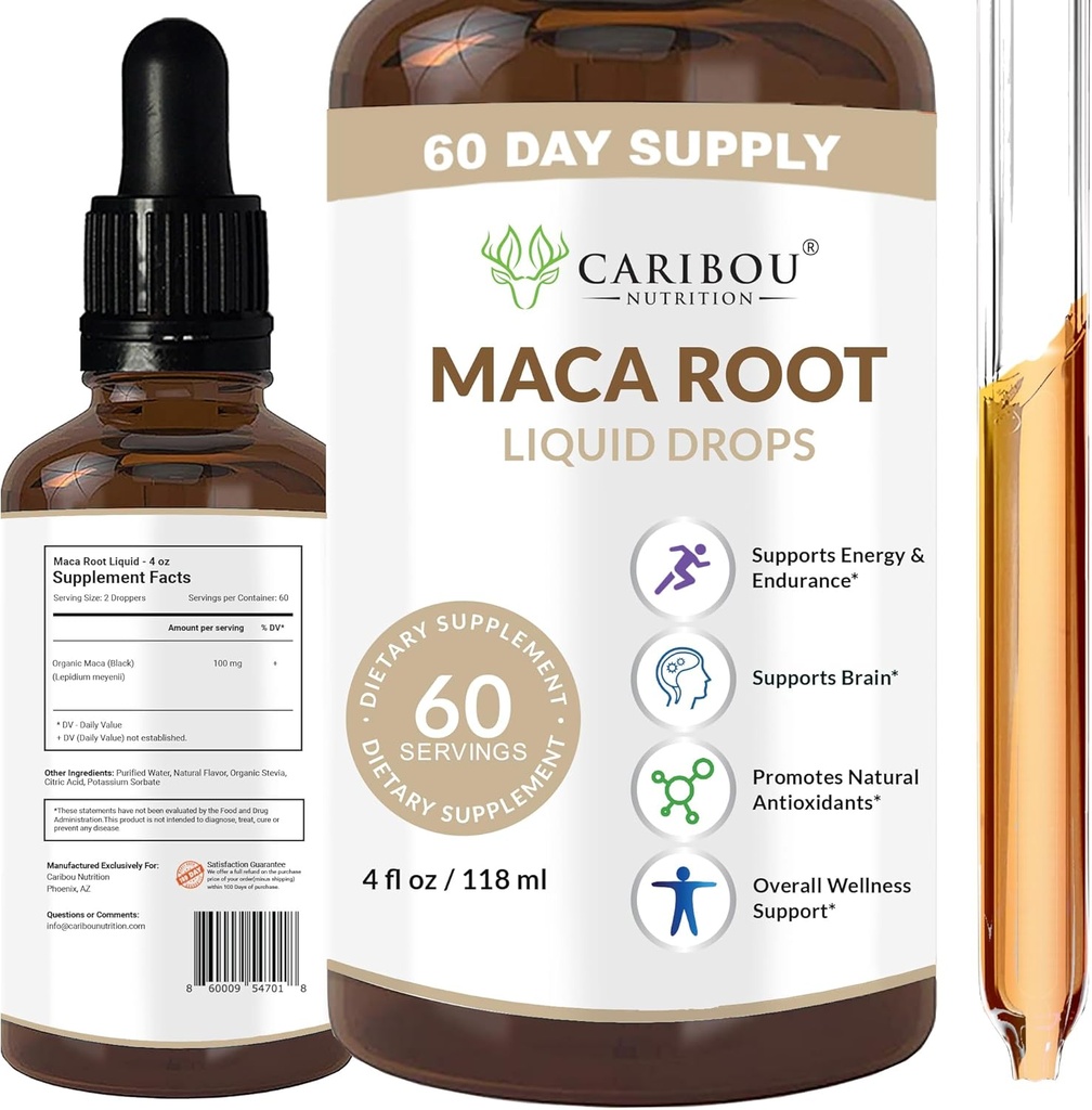 Maca Root Liquid Drops | Premium Organic Maca Root Extract | Maca Supplement för förbättrad humör och vitalitet | 60 portioner | 4 Fl Oz