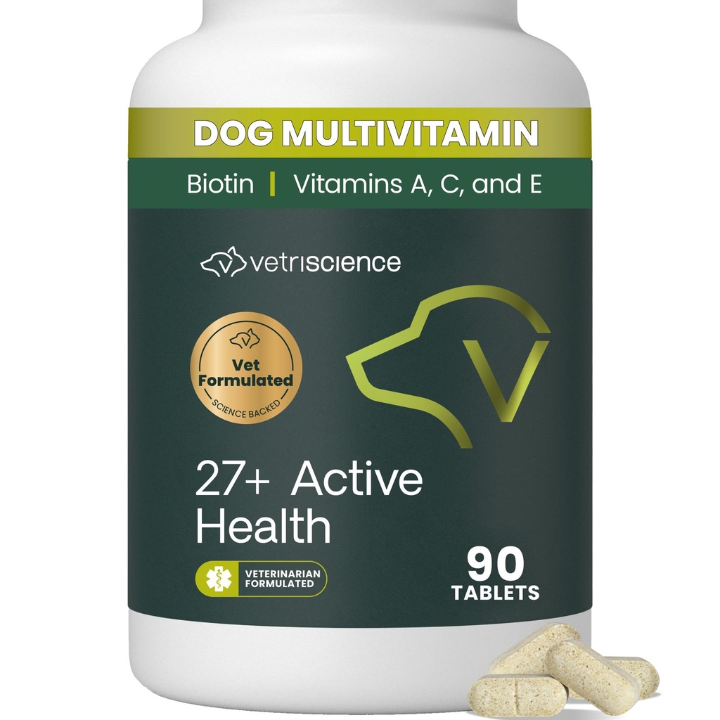VetriScience 27 + Active Health Chewable Tablets, Canine Plus Daily Multivitamin för valpar och vuxna hundar, balanserade vitaminer, mineraler och antioxidanter, hälso- och välbefinnande, anka, 90 greve