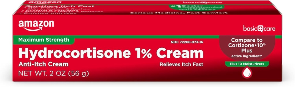 Grundläggande vård Maximal styrka Hydrokortison 1 Procent Anti-Itch Cream Plus 10 Moisturizers, 2 ounce (Pack av 1)