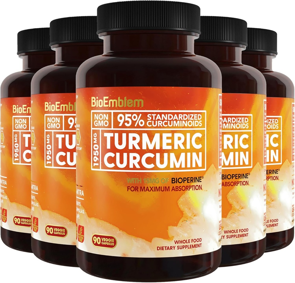 BioEmblem gurkmeja Curcumin Supplement med BioPerine | Gemensamt stöd och hjärthälsa | med organisk gurkmeja pulver & 95% Curcuminoids Extract | California Made, Non-GMO, 150-Day Supply