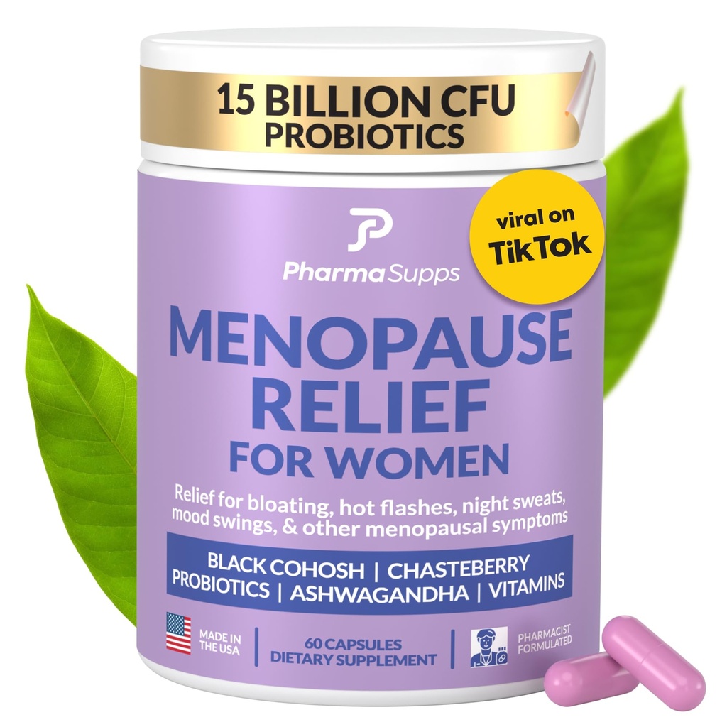 Naturliga klimakteriet Kosttillskott för kvinnor - Perimenopaus Kosttillskott för hormonbalans, Bloating & Mood Swings | Hot Flashes Menopause Relief w / Probiotics & Prebiotika, Black Cohosh & Chasteberry