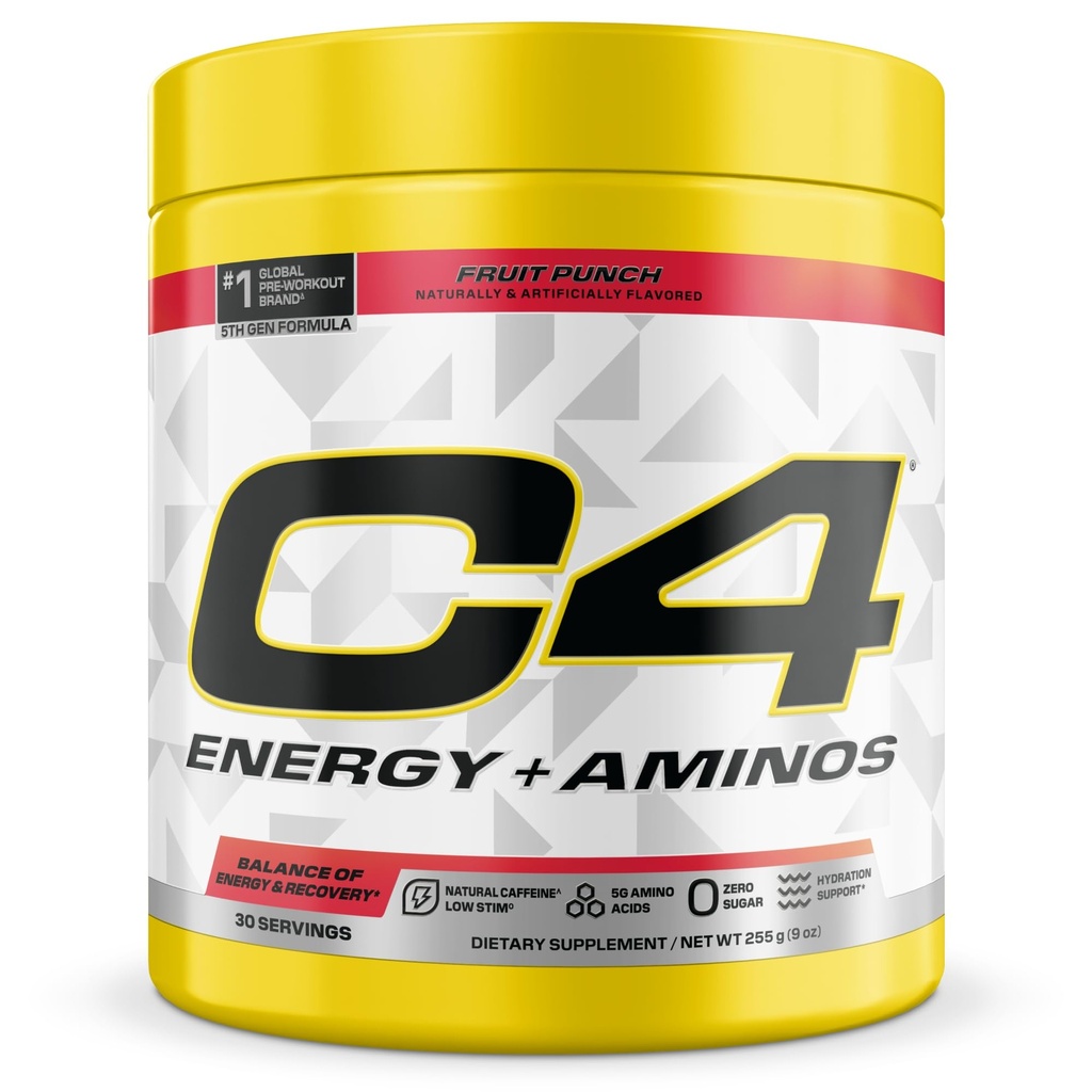 C4 Energy + Aminos Powder, 5g BCAAs & EAAs för muskelåterställning, 3 elektrolyter för Hydration, 100mg naturligt koffein, Pre Workout, Zero Sugar, 30 portioner, Fruit Punch