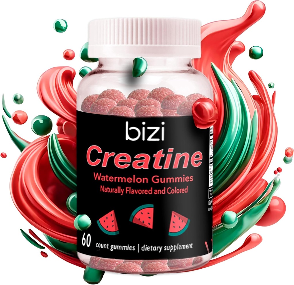 Bizi Creatine Watermelon Gummies för Män & Kvinnor, Kreatin Monohydrat Gummies, Vattenmelon smak Kreatin Gummy, Träning, Muskeltillväxt, & Återhämtning Supplement, Vegan & Gluten Free (60 ct)