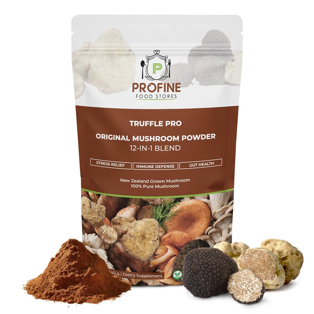 PROFINE Truffle PRO Mushroom Powder 12- in - 1 Super Blend with Black Truffle and White Truffle - USDA Organic - Supplement - Add to Coffee/Tea/Smoothies - Whole Mushrooms - No fillers