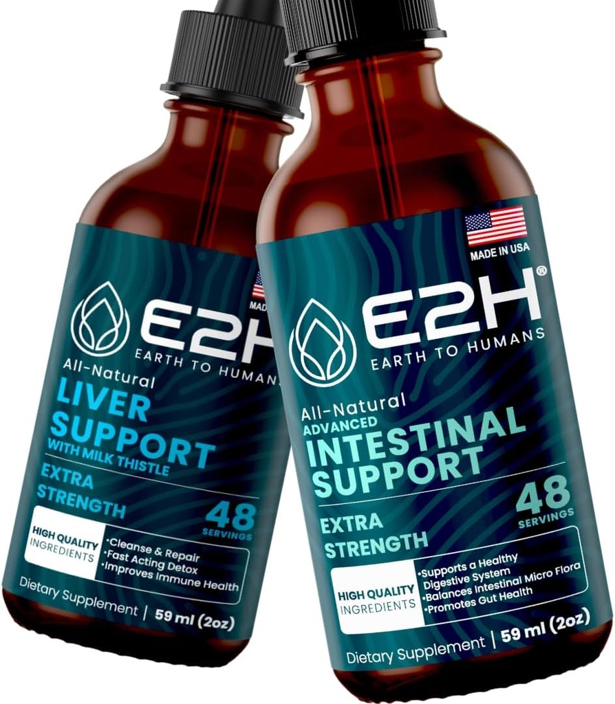 E2H: Liver Support Supplement och Advanced Intestinal Support | Vegan, Non-GMO - 2 Fl Oz Varje (4 Fl Oz Total) - Bundle
