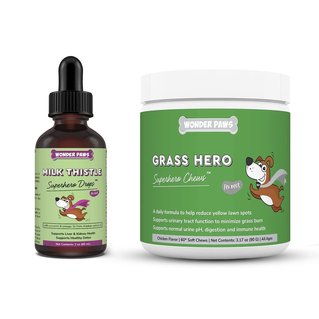 WONDER PAWS Milk Thistle Drops Plus Grass Hero Soft Chews - för hundar lever och njursupport, Detox & Urinary Tract Health - Milk Thistle 2 Ounces - Grass Hero 60 Chews