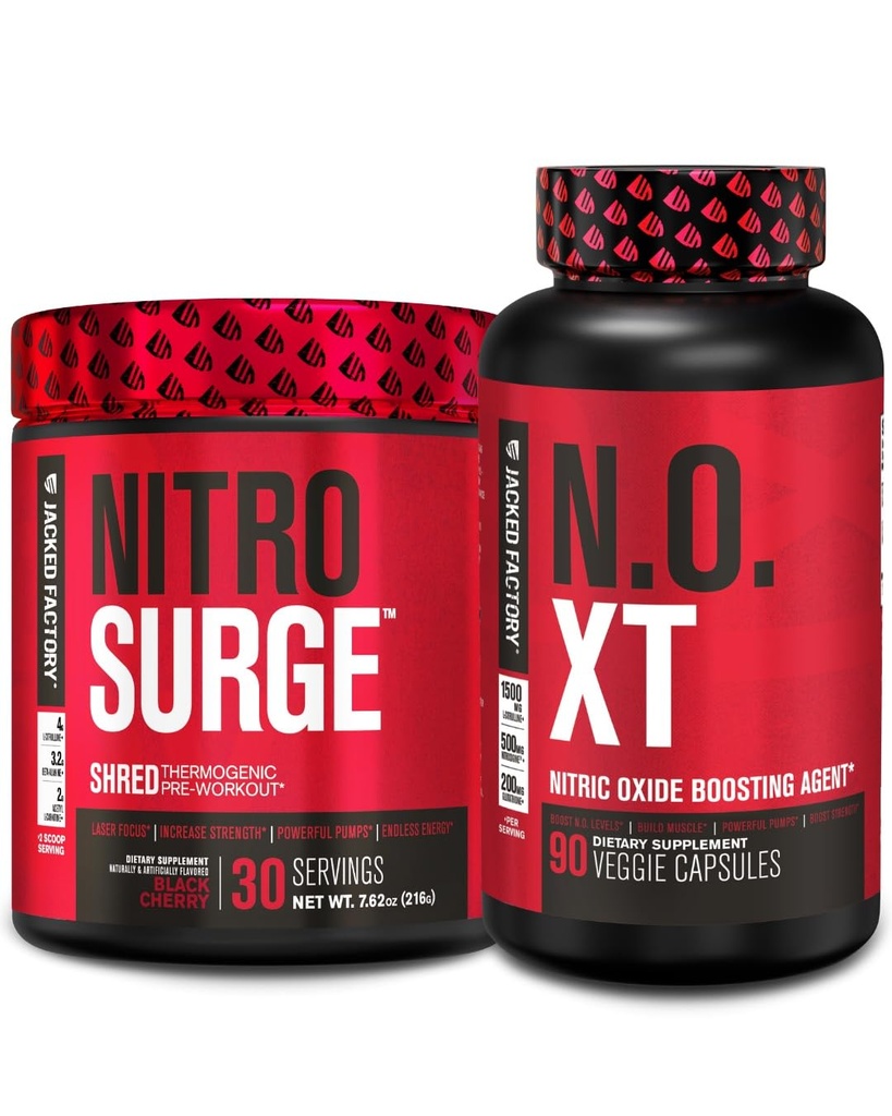Jacked Factory Nitrosurge Shred Thermogenic Pre-Workout i Black Cherry & N.O. XT Nitric Oxide Booster för Män & Kvinnor