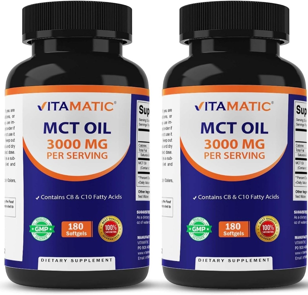 Vitamatic 2 Packs MCT Oil Capsules 3000 mg per Servering - 180 Softgels - från Coconut Oil - Innehåller 55% caprylic Acid C8 och 40% capric Acid C10 (Total 360 Softgel)