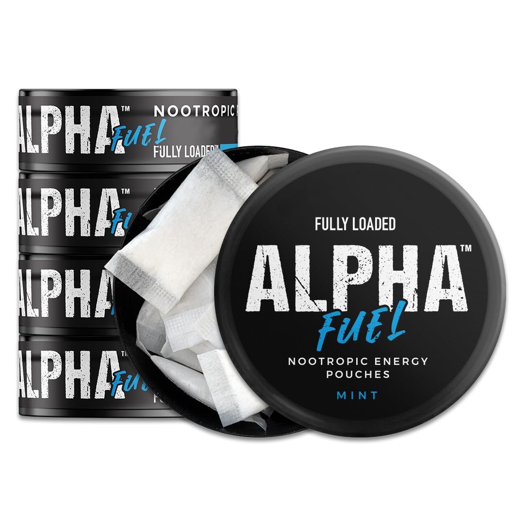 Fullt laddade Alpha bränsle Nootropic Pouches (Mint Fuel) - 5 Cans, 15 påsar per burk - Nootropic Energy Pouches med koffein, Alpha GPC, Tyrosine, Taurine, Guarana och mer.