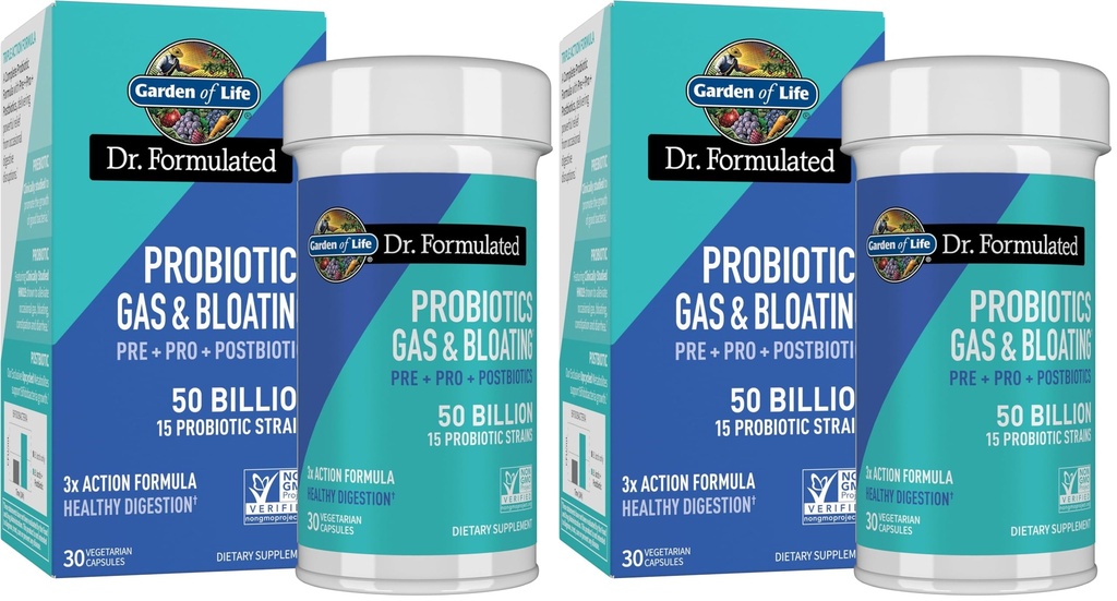 Garden of Life Dr Formulerad Pre, Post & Probiotics Gas & Bloating Once Daily 3-in-1 Komplett Prebiotika, Postbiotika & Probiotika - 50 miljarder CFU, Non-GMO, Gluten-Free, 30 Day Supply (Pack of 2)