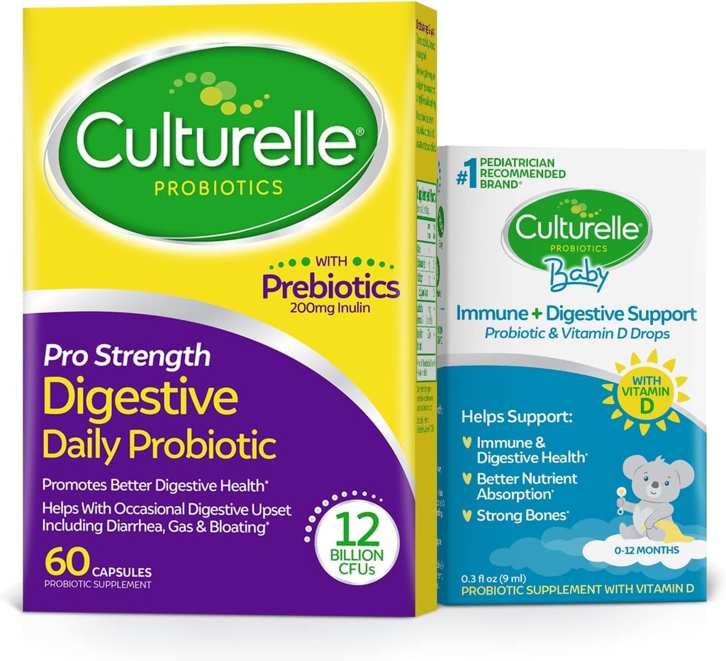 Culturelle Pro Strength Daily Probiotic Capsules, Probiotics for Men & Women 60 Count, 2 månader + Culturelle Baby Immune & Digestive Support Probiotic + Vitamin D Drops 0-12 månader, 30 Day Supply, 9ml