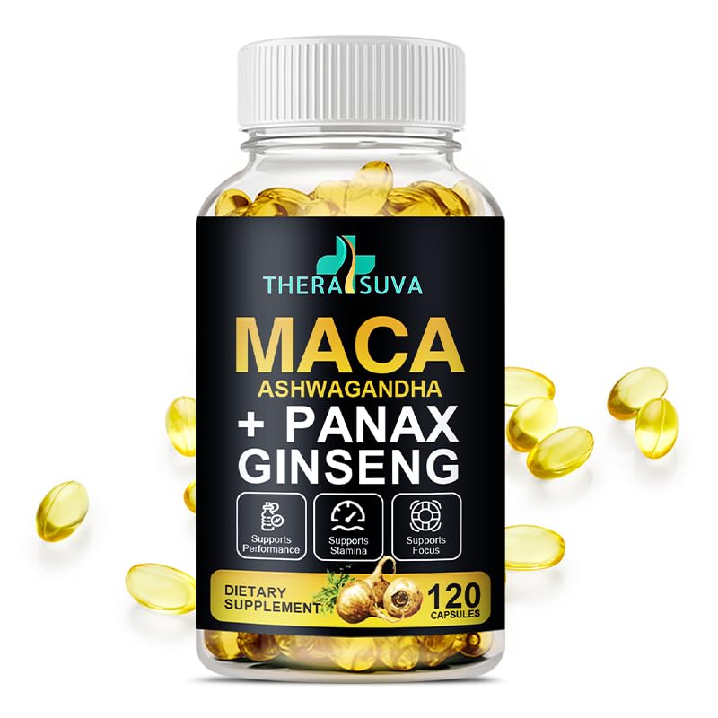 3 i 1 Ashwagandha + Maca Root + Panax Ginseng - Naturligt tillskott för energi, uthållighet och stressstöd, 120 Softgels