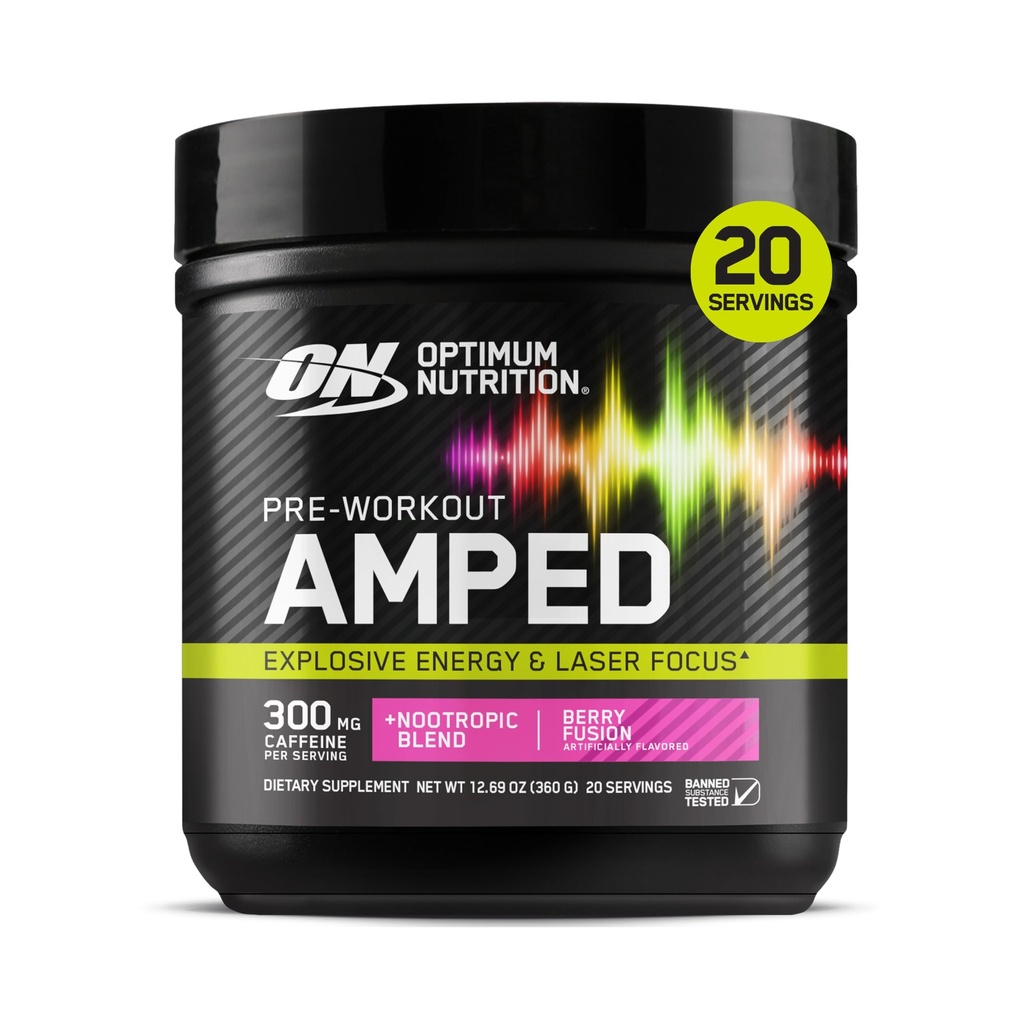 Optimum Nutrition Amped Pre-Workout, med Citrulline, Beta-Alanine, Nootropics och 300mg koffein för energi, Berry Fusion, 20 portioner (Packaging May Vary)