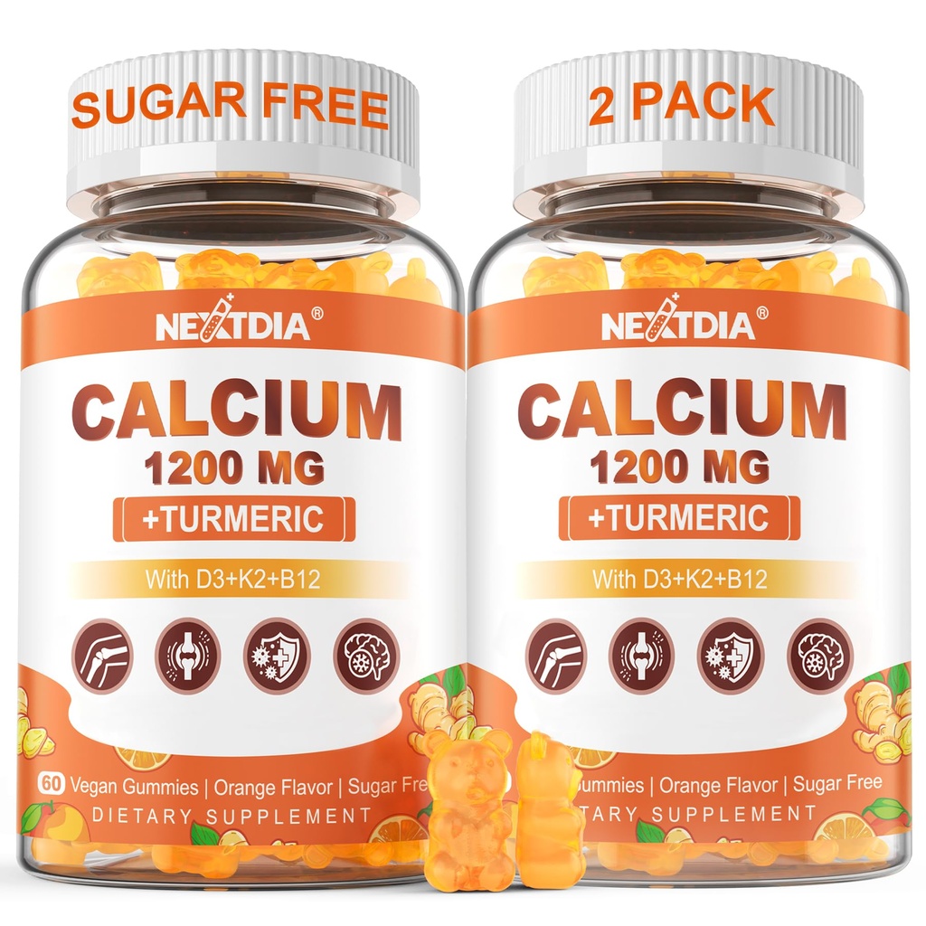 Kalcium 1200 mg med vitamin D3 Gummies - Kalcium + gurkmeja tillskott för kvinnor och män med vitamin K2 B12 - Support Bone & Muscle - Sugar Free - Vegan (120 greve)