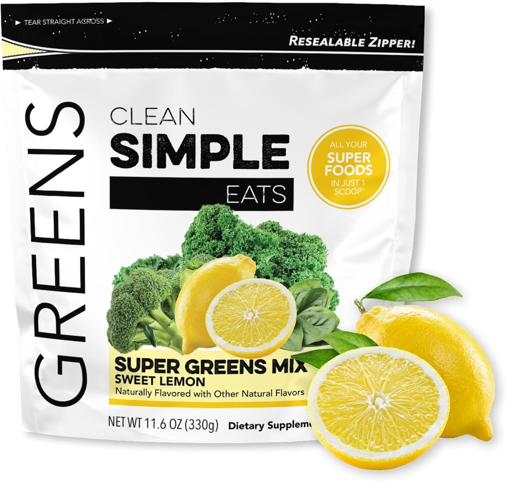 Clean Simple Eats Super Greens Powder, naturligt smaksatta gröna pulver med Chlorella, Spirulina, Superfoods & Prebiotic Fiber, inga artificiella ingredienser, Gluten Free, söt citron smak, 30 portioner