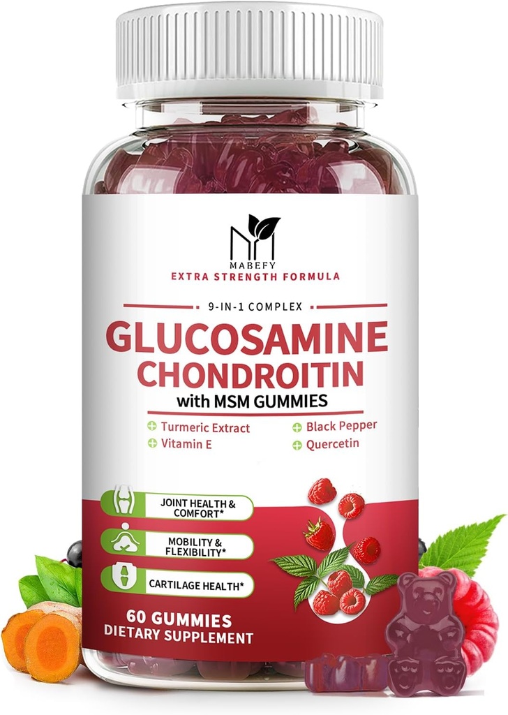 Glukosamin Chondroitin Gummies Triple Strength (1.000mg Glukosamin,750mg Chondroitin) med MSM, gurkmeja, Quercetin, Vitamin E, Joint Support Supplement, Antioxidant 60 Gummies Raspberry Flavor