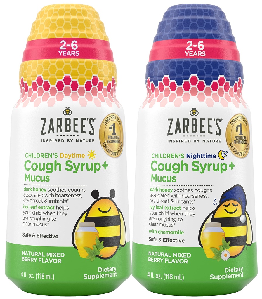 Bundle of Zarbee's Kids Cough + Mucus Daytime and Nighttime for Children 2-6 with Dark Honey, Ivy Leaf, Zinc & Elderberry, 1 Pediatrician Recommended, Drug & Alcohol-Free, Mixed Berry Flavor, 4FL Oz