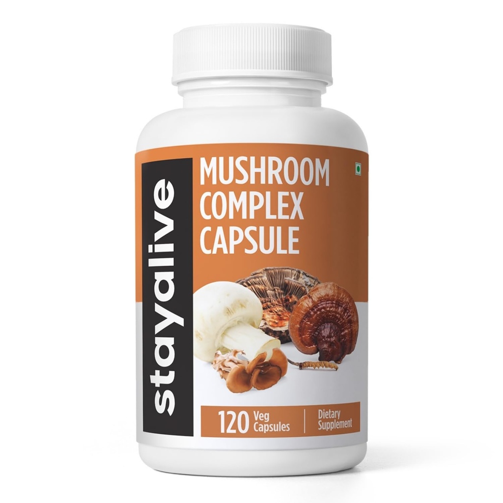 STAY ALIVE Mushroom Complex 1000mg, 6-i-1 Mushroom Supplement w/Lions Mane, Reishi, Chaga, Cordyceps, Maitake och Turkiet Tail Extract Powder, 120 Vegan Pills, Non-GMO & Gluten Free Herbal Capsules