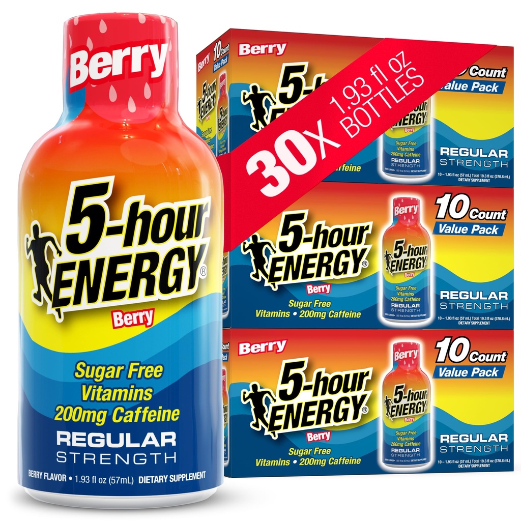 5-timmars ENERGY Shots Regular Strength, Berry Flavor, 30 Count, 1.93 Fl Oz, Sugar Free, Zero Calories, Amino Acids och Essential B Vitamins, Dietary Supplement, Feel Alert och Energized, 200 mg Koffein