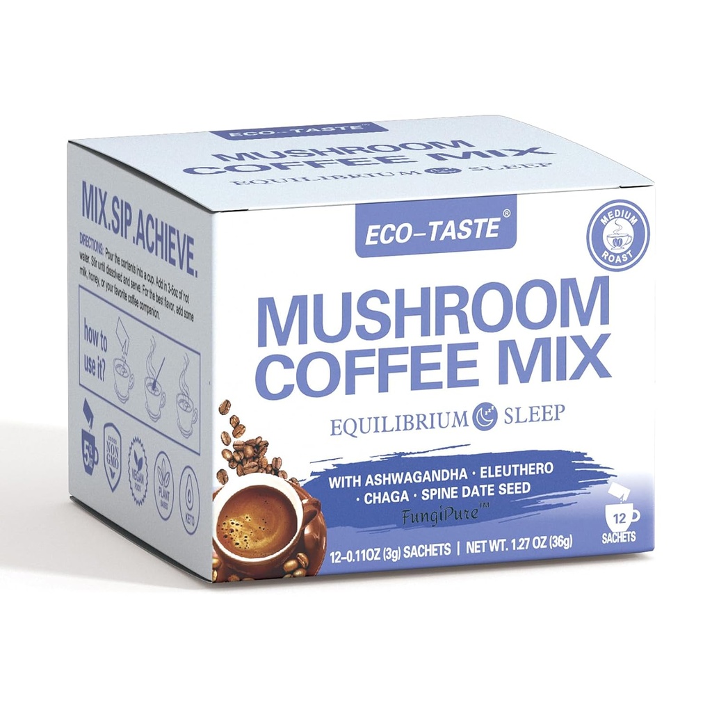 ECO-TASTE Mushroom Coffee Mix, designad för balans med Ashwagandha, Eleuthero, Chaga, Spine date seed - 12 Sachets