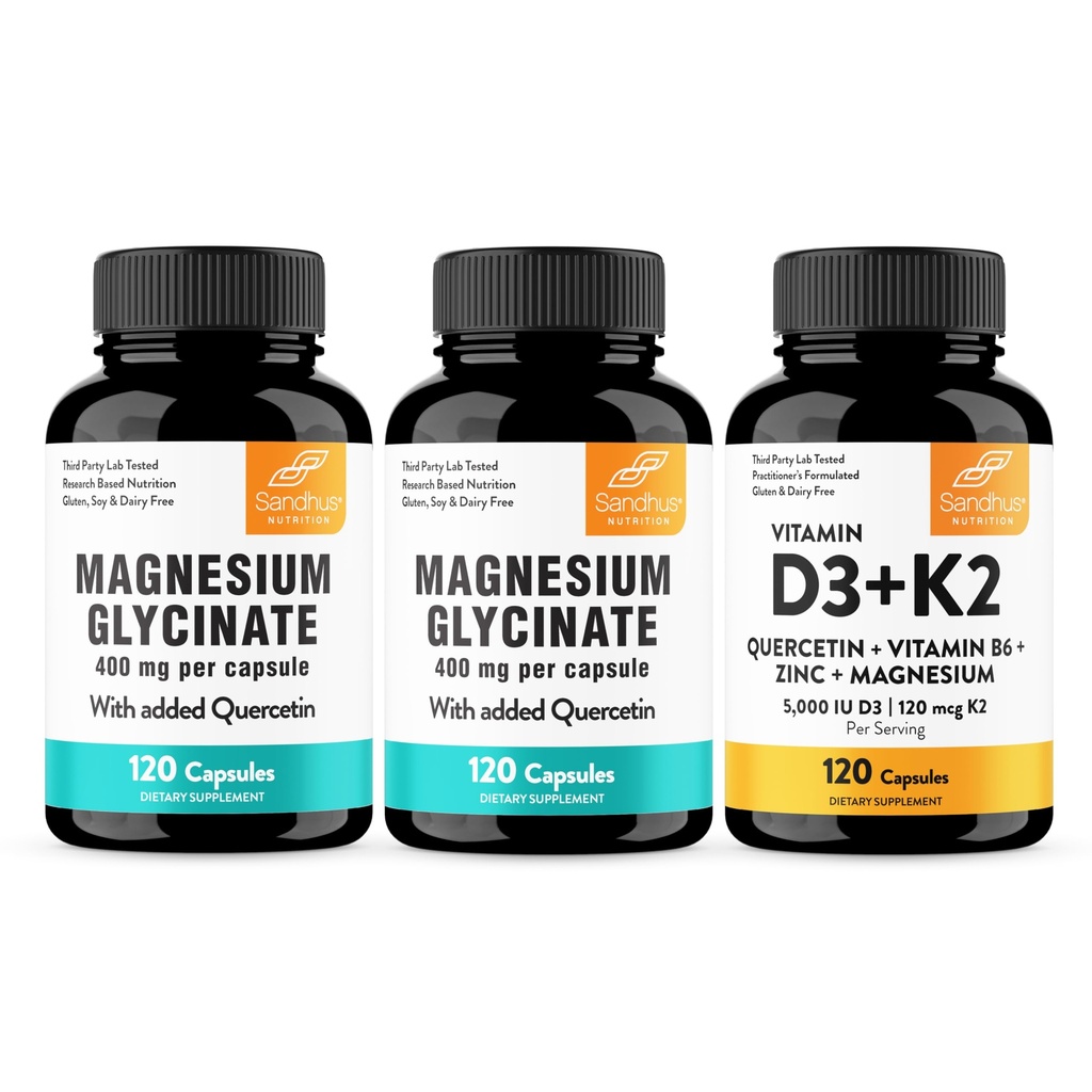 Sandhu's Magnesium Glycinate & Vitamin D3 K2 with Quercetin Capsules | Supports Quality Sleep, Relaxation, Immune, Muscle Health & Energy