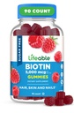 Lifeable Sugar Free Biotin Gummies | 5000mcg Vitamin B7 | Great Tasting Biotin Supplement | for Hair Growth, Skin and Nail Health | Hair Supplement for Women, Men, Adults | 90 Gummies