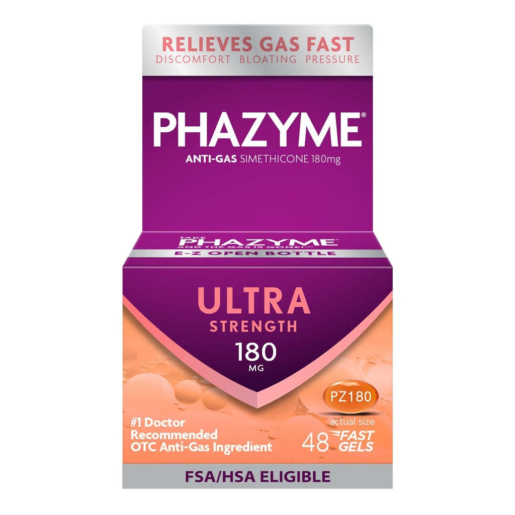 Phazyme Gas Relief, Ultra Strength Gas och Bloating Relief för vuxna, 180 mg Simethicone Fast Gels, 48 Count