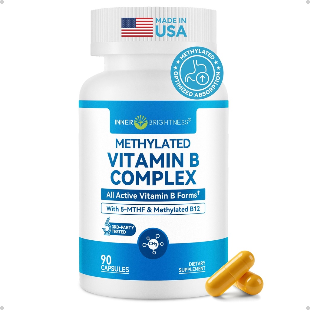 Inner Brightness Vitamin B Complex - Fully Methylated Active B12, B6, Folate - for Energy, Focus, Mood & Nerve Health - Non-GMO Vegan Gluten-Free with B1, B2, B3, B5, B7-90 Capsules for 3 Months