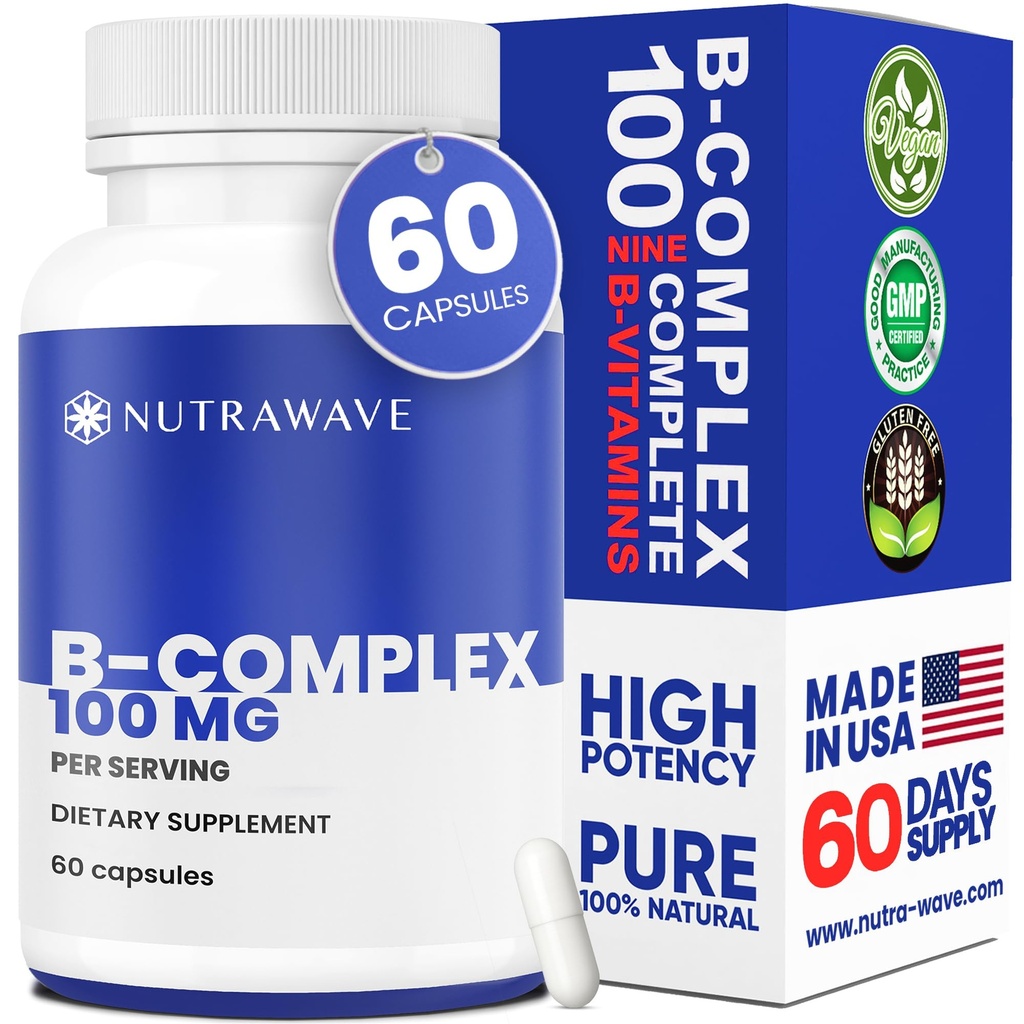 Nutrawave Vitamin B Complex - Super B-100 Vitaminer Supplement för kvinnor och män med B1, B2, B3, B5, B6, B7, B9, B12, Choline & Inositol - Stöder Energy & Nervous System - Non-GMO, Vegan - 60 kapslar