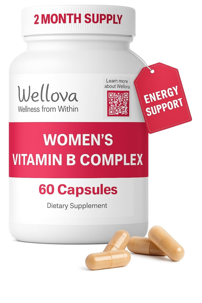 Kvinnors vitamin B-komplex | Främjar energi, hjärn- och hjärtsupport | Vitamin B1, B2, B3, B5, B6, B7, B8, B9, B12, vitamin C, Choline, Inositol | Superior Pure Organic Absorption | 60 kapslar