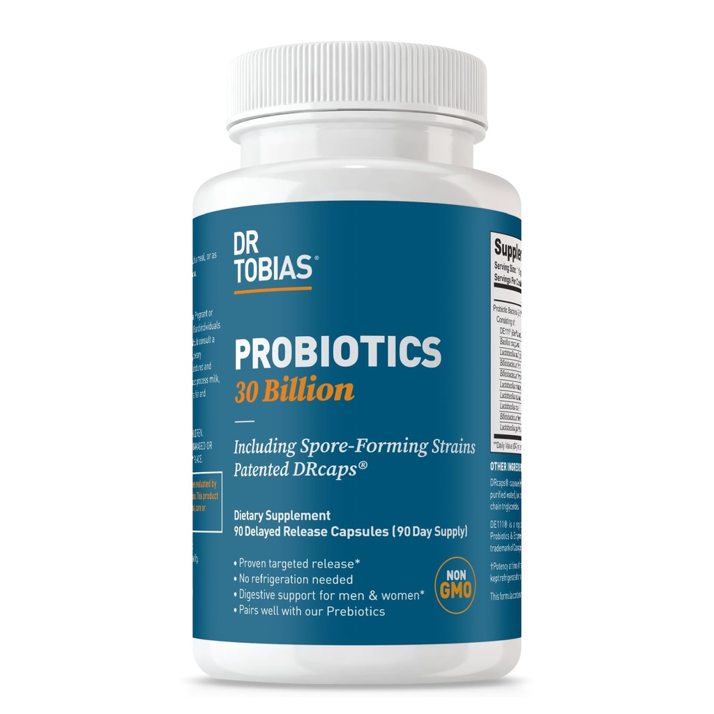 Dr Tobias Probiotics 30 Billion, 10 Strains, 30 miljarder CFU: s, Targeted Release Probiotics för kvinnor och män, stöder Digestive Health, Shelf-Stable, Non-GMO, 90 kapslar, 90 portioner