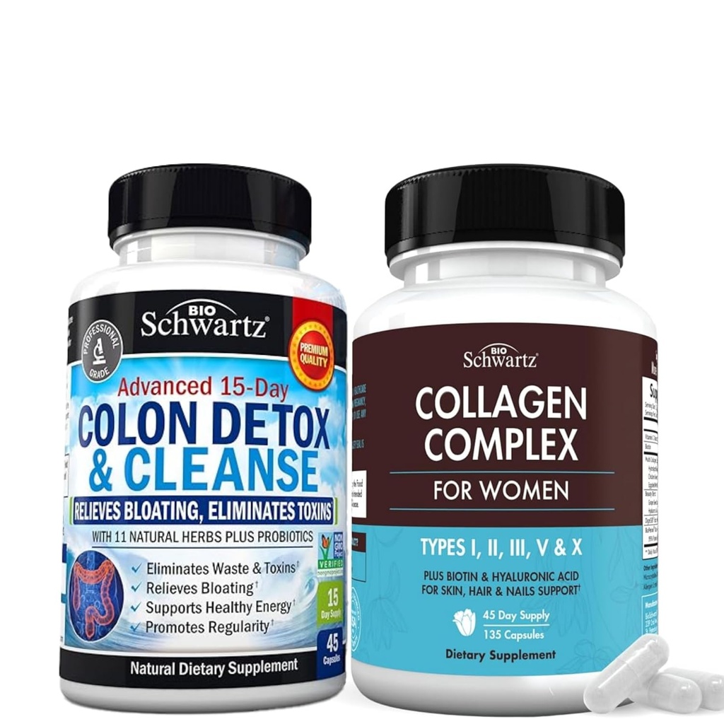 BioSchwartz 15 Day Cleanse för Colon och Gut Health Plus Hydrolyzed Collagen Peptide Capsules (45 Day Supply)