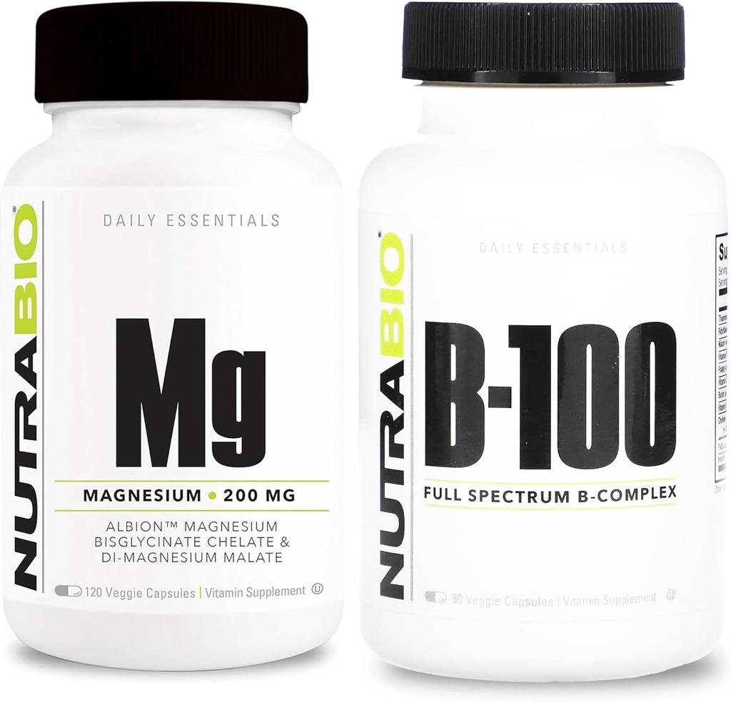NutraBio B-100 B Vitamin Komplex och Reagerad Magnesium Supplement Bundle - Vitamin Supplement Bundle kan hjälpa till med immunsystem, benhälsa, hälsosamt hår, hud och naglar