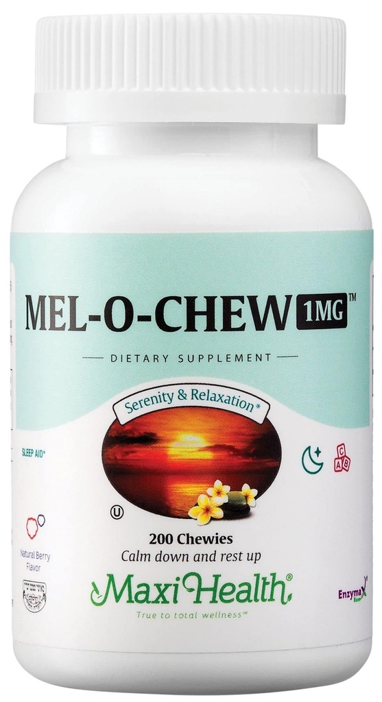 Maxi Health Melatonin 1mg Chewable - Sömnhjälp Melatonin för att uppmuntra naturlig sömn - Non-Habit Forming Supplement med Enzymax för snabbverkande stöd Kosher (200 enheter)