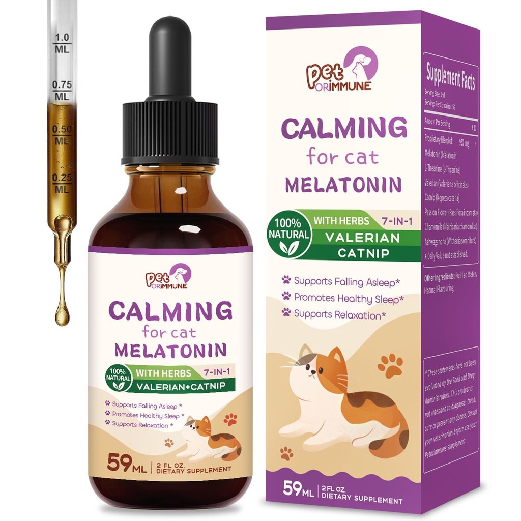Cat Melatonin Natural Calming Drops, Support Falling Asleep & Healthy Sleep, Herbal Extract Relaxation Supplement med L-Theanine, Valerian, Catnip, Passion Flower och Chamomile.