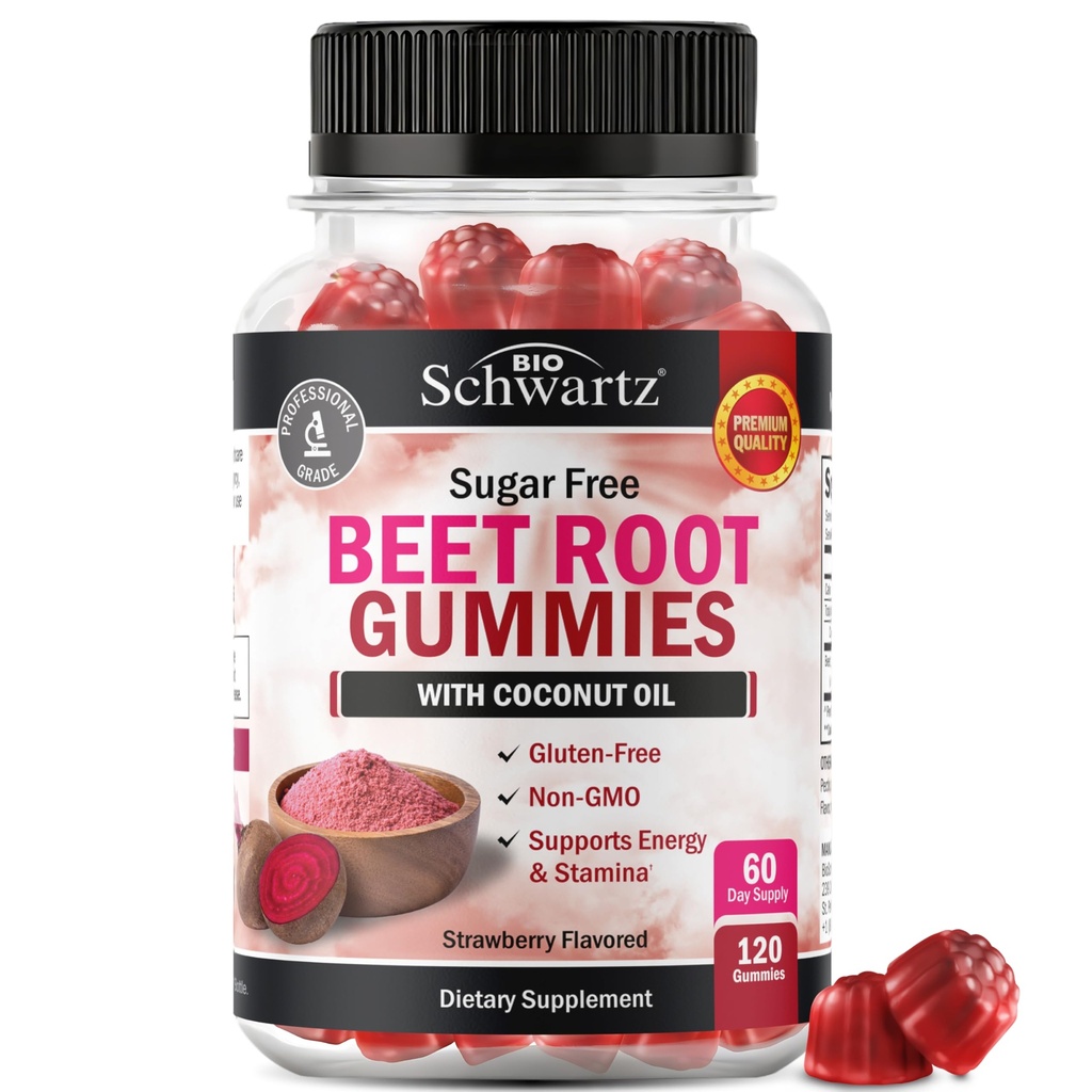 Sugar Free Beet Root Gummies - Nitric Oxide Gummies infunderas med kokosolja för högsta absorption - Stöder energi och hela kroppens hälsa - läckra jordgubbsmak - 120 greve (60 dagars leverans)