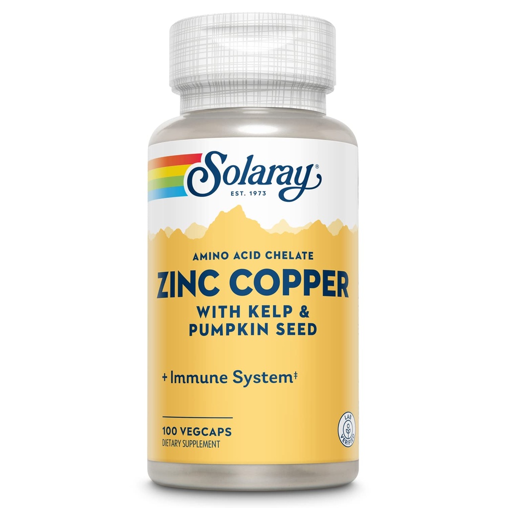 SOLARAY Zink Copper Amino Acid Chelate - Immune Support Supplement w/Chelated Zinc 50mg - Ben, hud, hjärthälsa och sköldkörtel Support - med jod från Kelp, 60-dagars garanti, 100 Serv, 100 VegCaps