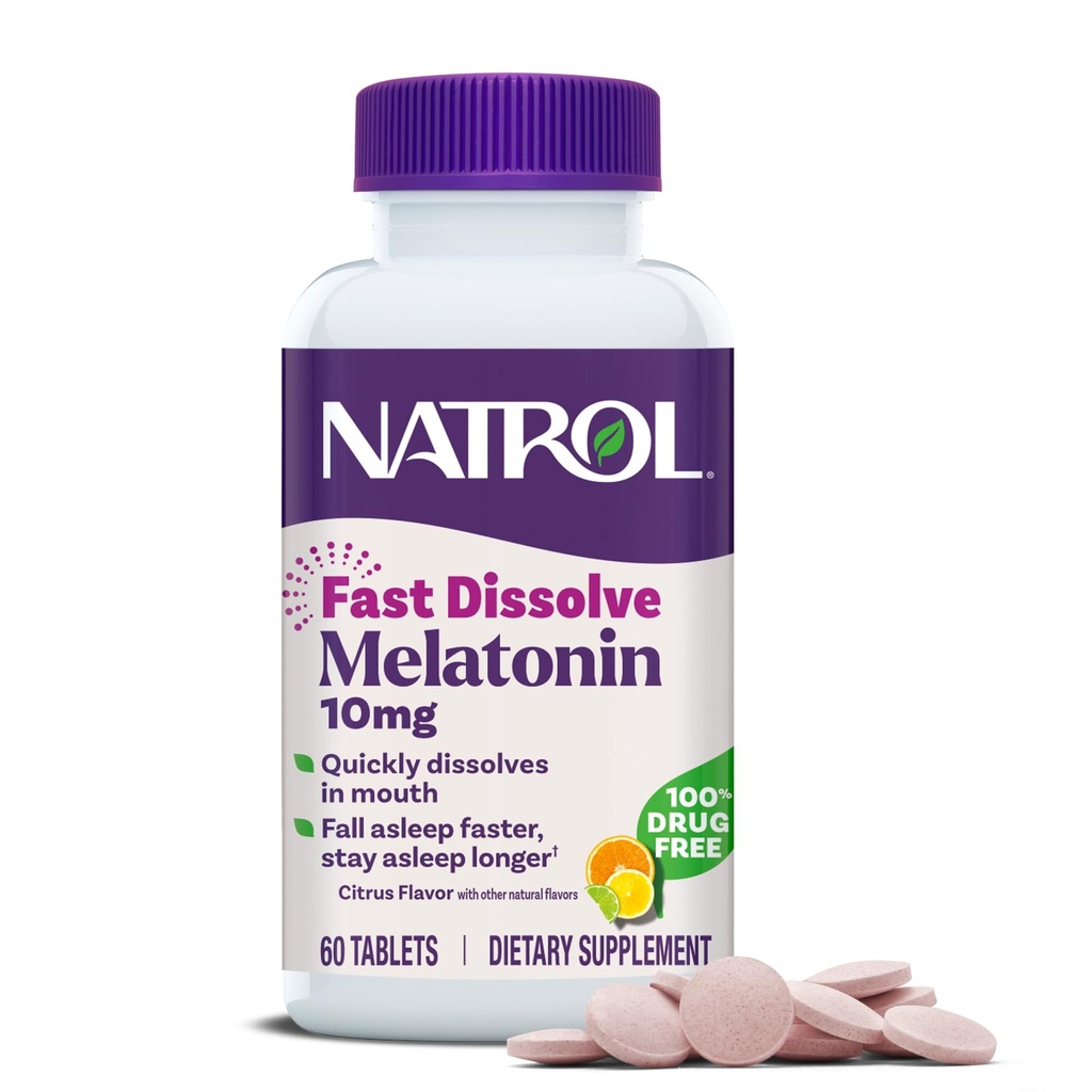 Natrol Snabbupplös Melatonin 10 mg, Melatonin Supplements för Restful Sleep, Sleep Support for Adults, 60 Citrus-Flavored Tablets, Upp till en 60 dagars leverans