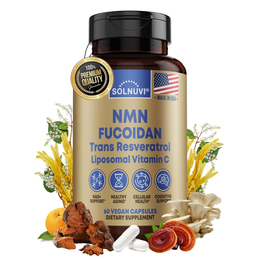 NMN 500mg & Fucoidan with Trans Resveratrol, Liposomal Vitamin C, Chaga, Reishi, Maitake Mushroom Extract - NAD+, Mitochondrial, Healthy Aging Support - 60 Capsules, Non GMO, Gluten Free Supplement
