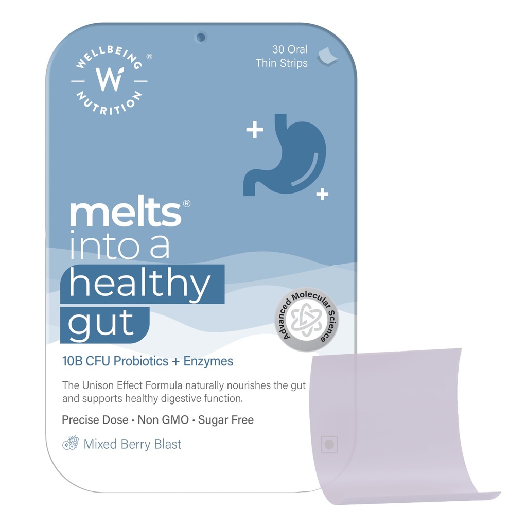 Wellbeing Nutrition Melts Healthy Gut | 10B CFU Probiotics, Digestive Enzymes, FOS | For Indigestion, Gas, Acidity and Bloating, Gut Health, 30 Oral Strips