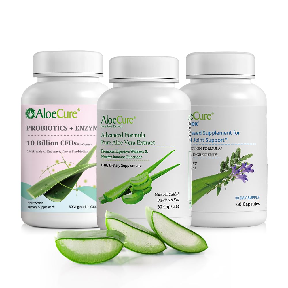 AloeCure Organic Aloe Vera Capsules Pack - 3 stycken - VeraFlex, Aloe Vera Capsules, Probiotics + Enzymes