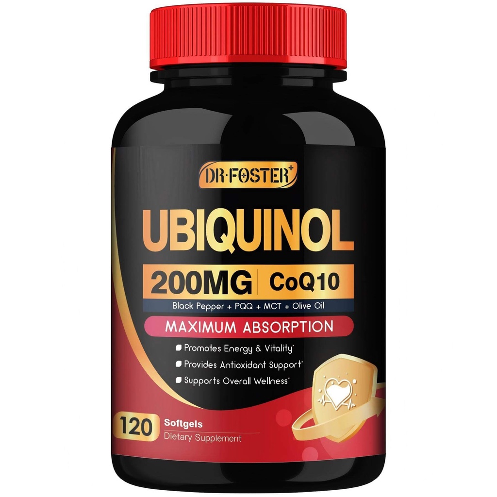DRFOSTER Coq10 Ubiquinol 200mg, Coq10 200mg Softgels, Max Absorption Ubiquinol med vitamin E & PQQ & Black Pepper, kraftfull antioxidant, 120 Softgels